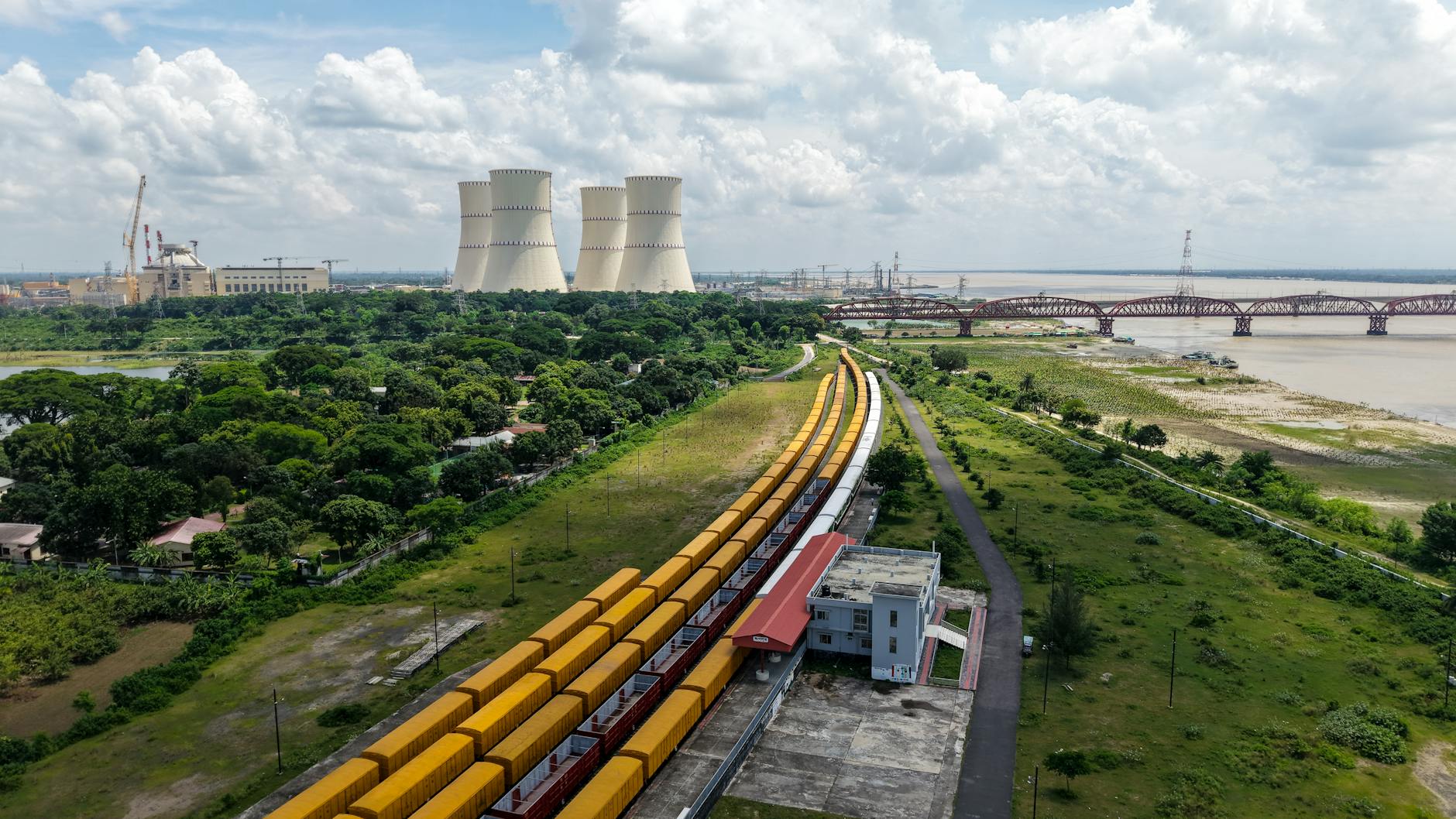 Aerial shot of the Rooppur Nuclear Power Plant in Bangladesh, highlighting infrastructure and surrounding landscape.